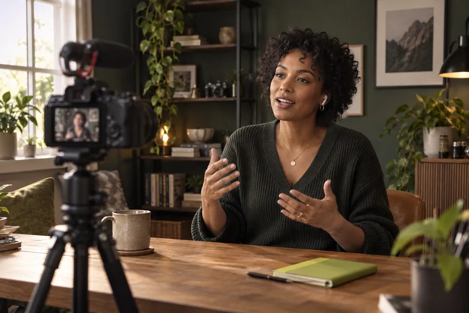 Illustration of a creator speaking naturally to a camera in a home studio