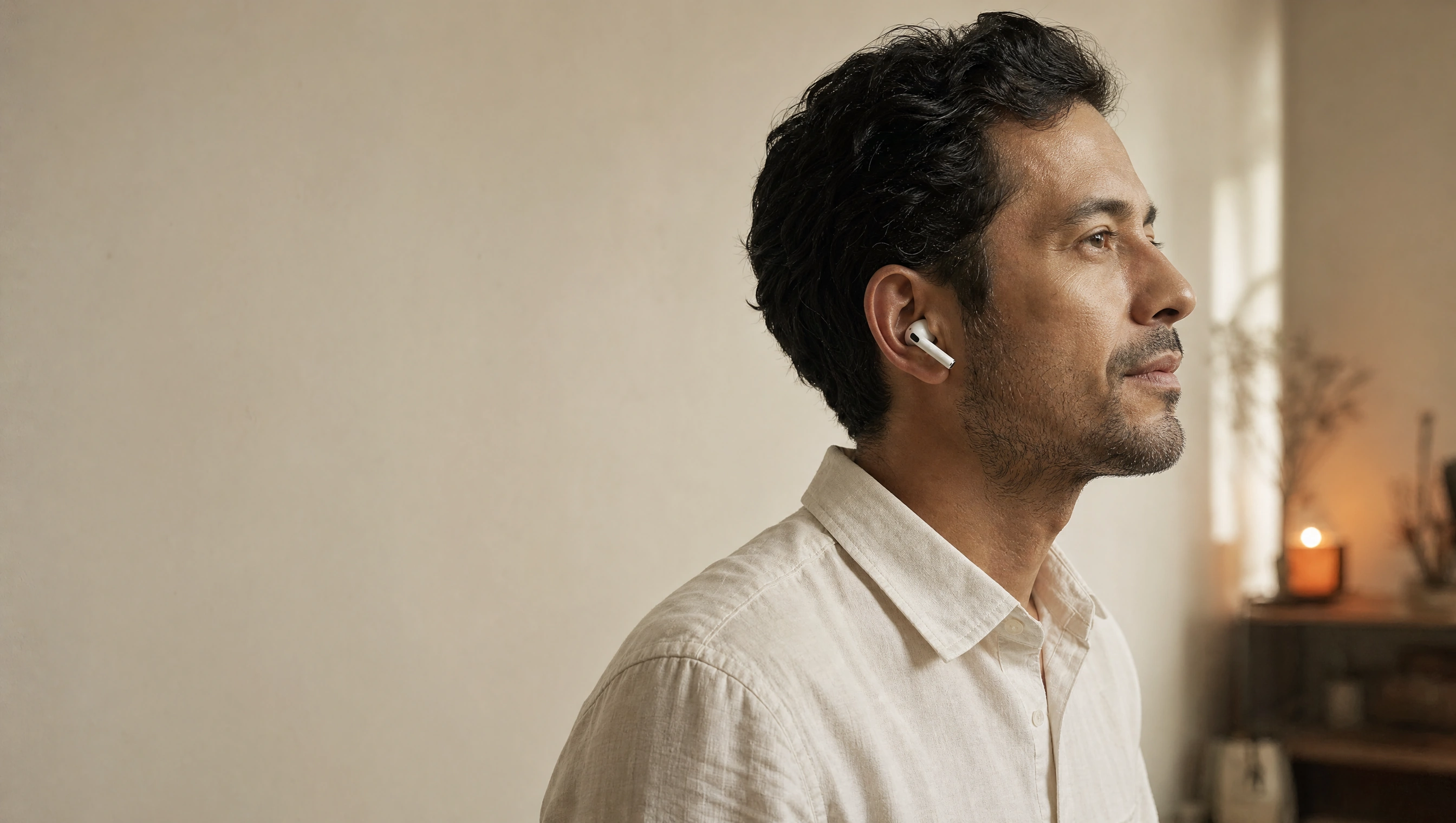 An actor listening through a white earbud in a softly lit room